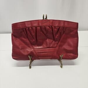 Art Deco Vintage Red Genuine Leather Clutch Bag Retro Purse Made In Hong Kong